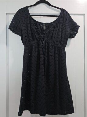 La Blanca Eyelet Cover Up Dress Black Tie Front Babydoll Swim Size M